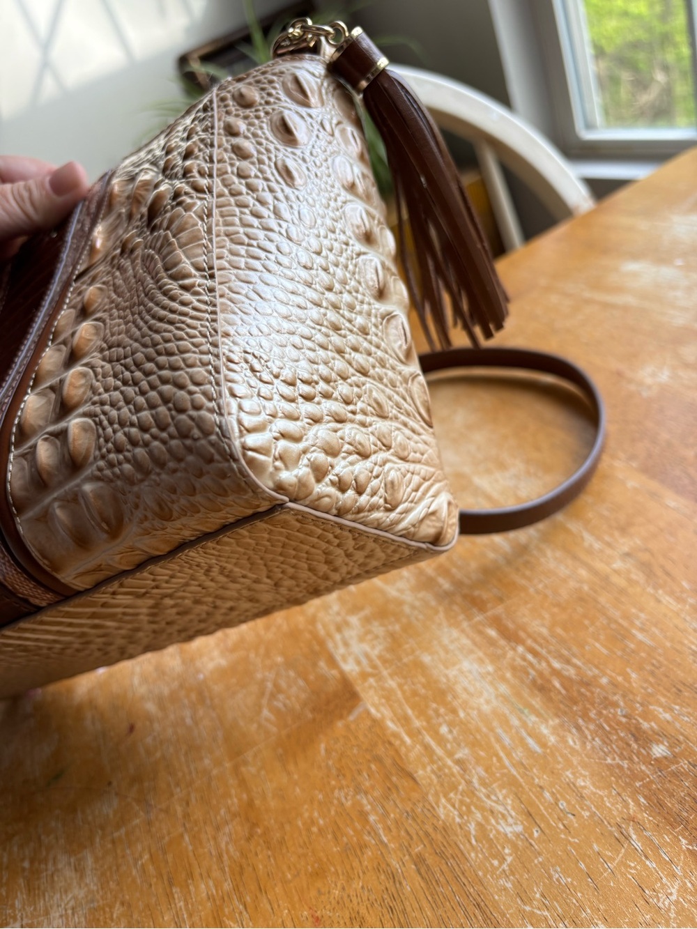 Brahmin Hilary Crossbody Beige and Brown Croc-Embossed Leather with Tassel - Picture 6 of 16